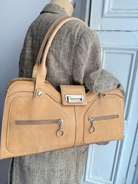 Vintage Maxx Studio Croc Embossed Leather Shoulder Bag Tan Camel tote